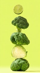 Fresh vegetables stacked creatively on a vibrant green background, featuring broccoli, cabbage, and lime, showcasing healthy eating and culinary inspiration for vibrant dishes