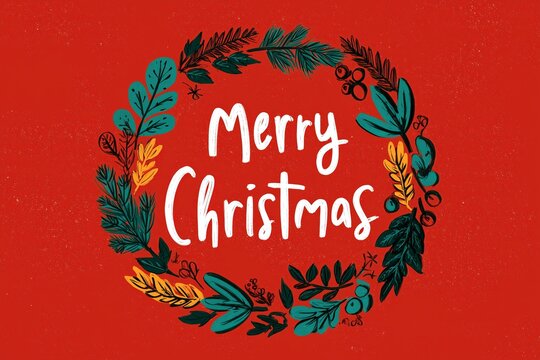 Festive holiday wreath illustration featuring vibrant green leaves and colorful accents surrounding a cheerful "Merry Christmas" message on a bright red background