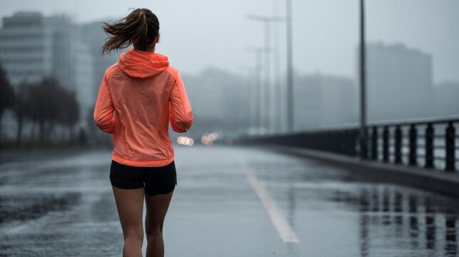 sporty woman jogging in rainy day with copy space