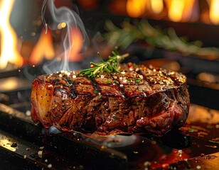 Grilled Steak with Rosemary and Salt on a Grilling Rack with Flames and Smoke in Warm Tones