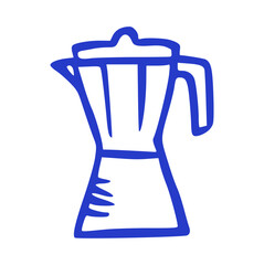 Hand Drawn Moka Pot Coffee Maker, Blue Doodle on White Background. Doodle and Sketchy Style, Cafe, Espresso, Italian, Stovetop, Brewing, Vintage