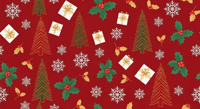 Seamless Festive Christmas Pattern Background with Snowflakes and Holly on Red