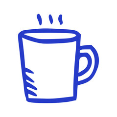 Hand-drawn blue doodle illustration of a single steaming hot coffee or tea mug. Cozy, simple drink element perfect for cafe logos, stickers, or morning theme designs.