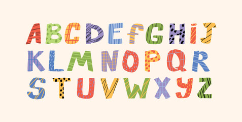 Kids Alphabet Uppercase Cutout Letters with Colorful Patterns and Textures. Playful Childlike Typography for Classroom and Nursery. Isolated on light background. Vector flat illustration