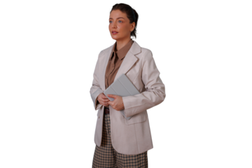 Businesswoman standing, holding a tablet, looking confident, managing a professional career on a transparent background