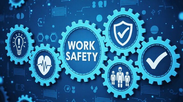 Blue work safety gears with icons representing safety measures and a dark blue background design