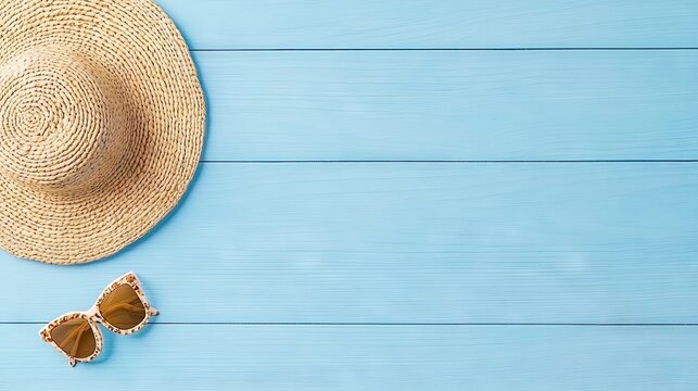 Tropical summer vibes with beach accessories on vibrant blue wooden table ready for sunny adventures