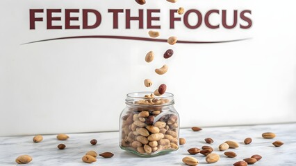Nuts falling into a glass jar with light background