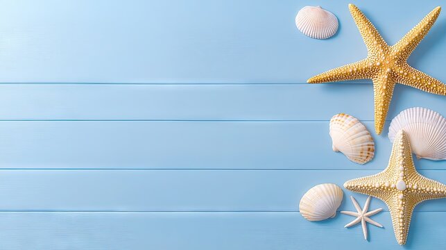 Tropical beach accessories create a vibrant summer escape on a blue wooden table