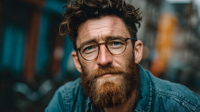 Thoughtful redhead man with beard and glasses looking