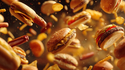 An abundance of flying fast food including burgers hotdogs and potato chips in the air
