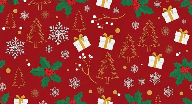 Seamless Festive Christmas Pattern Background with Snowflakes and Holly on Red