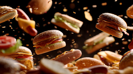 A dynamic shot of burgers hot dogs and sandwiches seemingly suspended in mid air against black