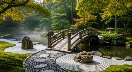 Zen Garden Serenity - A Tranquil Landscape with Bridge and Stone.