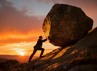 Businessman pushes a boulder uphill at sunset. Concept of business challenge, perseverance, and determination to overcome obstacles.