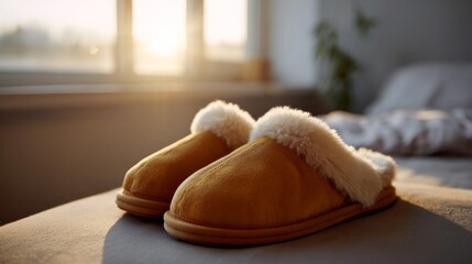 Cozy slippers basking in dawn light, embodying hygge vibes, ideal for Sukkot morning rituals or Savory Sunday lounging