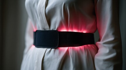 Radiant glow belt encircles elegant silhouette, innovative wellness trends, future-forward fashion, celebrates Winter Solstice's luminescent mysteries