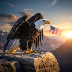 Majestic Bald Eagle Perched Atop Rock with American Flag.