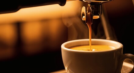 Close-up of Rich Espresso Shot Pouring into White Cup with Crema and Steam