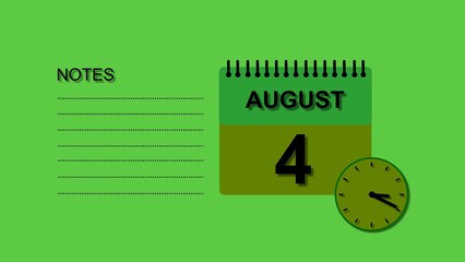 Obraz premium August 4 Calendar black color 4k illustration, with Free for Notes and Writing element. Lime green background 4k illustration.