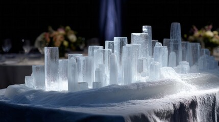 Frosty ice city sculpture gleams under warm sunlight, perfect for winter solstice parties or whimsical Antarctic exhibitions