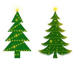 Two vibrant green Christmas tree illustrations adorned with shimmering yellow lights and bright star-like toppers, symbolizing holiday spirit and festive cheer