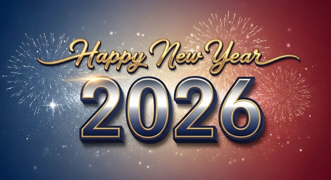Happy new year 2026 festive text with fireworks display background