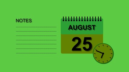 August 25 Calendar black color 4k illustration, with Free for Notes and Writing element. Lime green background 4k illustration.