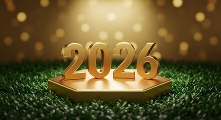 Golden 3d numbers spelling out the year 2026 are illuminated on a hexagonal podium with a spotlight and bokeh background