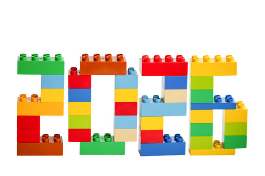 The numbers 2026 made of plastic building blocks Lego on a white background.