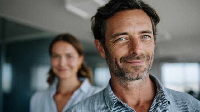 Smiling middle-aged Caucasian man and woman in casual office attire, embodying camaraderie and teamwork for International Friendship Day