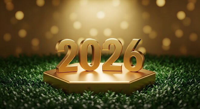 Golden 3d numbers spelling out the year 2026 are illuminated on a hexagonal podium with a spotlight and bokeh background
