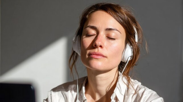Serene Caucasian woman absorbed in music, headphones cocooning tranquility, perfect for World Listening Day, meditative escape