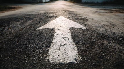 Weathered asphalt road surface features a prominent white directional arrow pointing forward into the distance