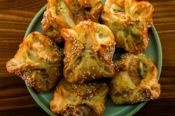 Salmon pie with puff pastry. Salmon. Fish pastry. Food concept