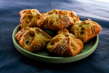 Salmon pie with puff pastry. Salmon. Fish pastry. Food concept