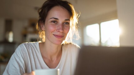 A Caucasian woman sips morning coffee, digital dawn, International Coffee Day, remote work sanctuary, with warm serenity