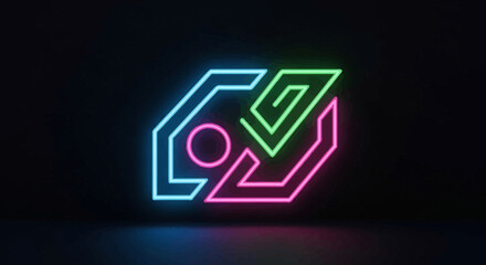 A vibrant abstract geometric logo illuminated with cyan, magenta, and green neon lights against a dark, reflective background.