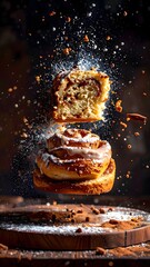 Crispy donut sandwich with filling exploding into air with crumbs dust and chocolate sprinkles on a rustic wooden surface in motion shot