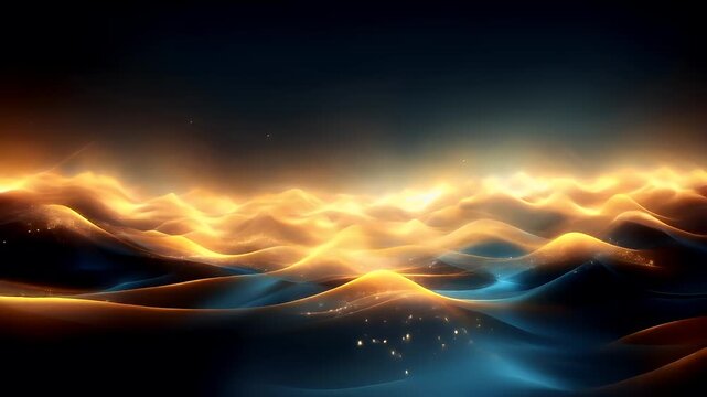 Digital art wallpaper background. A digital artwork depicting a fiery, ethereal landscape. The scene is dominated by warm, golden hues that radiate outward from the center.