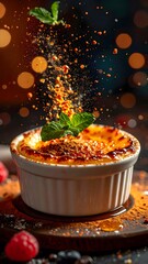 Delicious caramelized br?l?e dessert in a white ramekin with fresh mint leaves, sugar sprinkle, and warm glow background for tasty sweet treat presentation