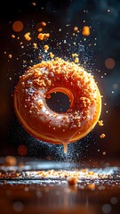 Close-up of a glazed donut with icing and sprinkles falling and splashing against a dark background with dynamic light effects and colorful bokeh