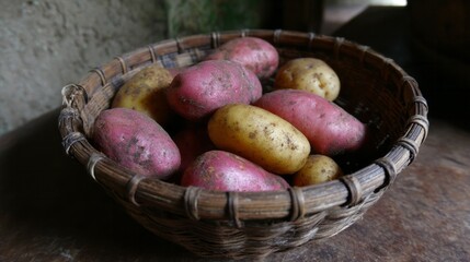 Rustic wicker basket cradles earthy red and gold potatoes, perfect for National Potato Day and autumnal harvest feasts