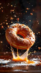 A close-up shot of a glazed and sprinkled donut with a splash effect, captu the sticky glaze, colorful crumbs, and melting icing on a dark background