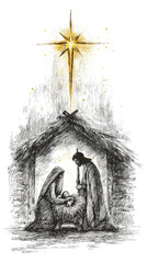 A vibrant, traditional pen and ink illustration of nativity scene with Mary Joseph baby Jesus beautiful gold star above them copy space ideal for artistic religious Christmas card holiday background © Mary Salen