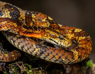 Close-up of a colorful, patterned snake coiled on a mossy surface. Details of the head are sharp