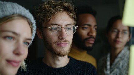 Group of diverse young adults pondering innovation, brainstorming during World Creativity Day, fusion of minds sparking visionary synergy