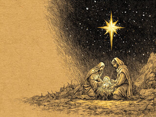 A vibrant, traditional pen and ink illustration of nativity scene with Mary Joseph baby Jesus beautiful gold star above them copy space ideal for artistic religious Christmas card holiday background