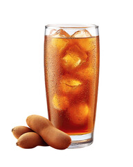 Tamarind juice isolated PNG die-cut, refreshing tamarind drink with ice cubes, realistic cold beverage photo, natural sweet tamarind juice for summer drink design and healthy product branding
