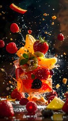 Vibrant and Dynamic Scene of Fresh Fruit Splashing in Midair with Juicy Berries Citrus Slices and Leaf Details Against Dark Background